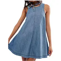 Typecat Ärmlös Denim Babydoll Miniklänning för Kvinnor, Sommar, Avslappnad, Utskuren Rygg, A-Linjeformad, Böljande Jeansklänning med Fickor Ljusblå L