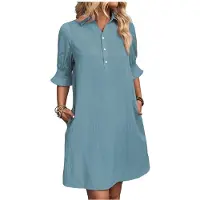 Typecat Dam Vardagsskjortklänning med volangärm Button Down Shift Sommarklänningar med fickor Gråblå S