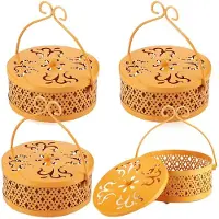 Typecat 4 Delar Myggspiralhållare Rökelsespiralhållare Rund Retro Bärbar Metallhängande Rökelsebrännare med Handtag Gul