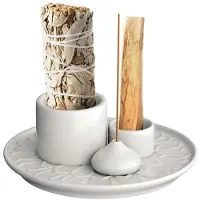 Tlily Ljushållare-4 i 1 Rökelse & Ljushållare - Keramisk Rökelsehållare Askfångare för Meditationsrum Vit