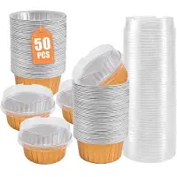 Melitt Dessertmuggar med Lock, 50-Pack Guld Aluminiumfolie Bakningsmuggar, Cupcake Bake Utility Ramekin Clear Pudding Cups