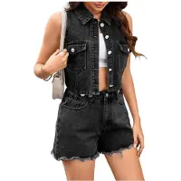 Wella Kvinnors Affärskläder, Casual 2-Delat Denimset, Ärmlös Kavaj, Väst och Shorts, Set med Jeans, Tvådelade Kläder Svart L