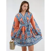 MSN Collection V-ringad Paisley A-linjeformad Miniklänning med Knappar