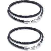 Exogio 2X Jewelry Men'S Necklace - 3mm Cord - Leather - Stainless Steel - for Men - Black Silver Color- with Gift Bag - 60cm