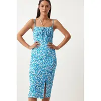 Happiness İstanbul Blommig Ribbad Bodycon Midiklänning med Slits