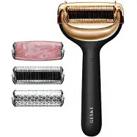 GESKE SmartAppGuided MicroNeedle Face & Body Roller 9 in 1 with Rose Quartz & Cooling Attachment Electric Derma Roller Microneedling Device Needle Roller Beauty Roller for Face and Body Gray