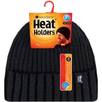 Heat Holder - Ribbstickad Fleece Fodrad Isolerad Varm Vänd Manschett Termisk Vinter Beanie Mössa - Svart