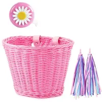 Wella 1Set Rotting Wicker Cykel Främre +Klocka+Tofs+Klistermärken Justerbar Handvävd Vuxencykelstyre Tillbehör Rosa