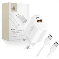 Tech-Protect NCA20 Dual-Port PD 20W/QC3.0-laddare med USB-C-kabel - Vit
