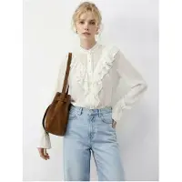 Bianco Volangkrage Mandarin Långärmad Chiffon Skjorta