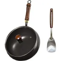 Worry free storage Traditionell Wokpanna i Gjutjärn med Lock och Spatel 24cm Ren Järn Köksredskap 28cm
