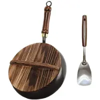 Household kitchen Traditionell Wokpanna i Gjutjärn med Lock och Spatel 24cm Ren Järn Köksredskap med Fysisk Non-Stick Teknologi Beläggningsfri 28cm