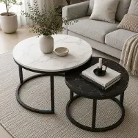 24hShop Elegant set med två runda soffbord - Vit/Svart