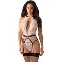 Obsessive - body med strumpebandshållare - rosa - L/XL