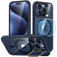 ESR iPhone 15 Pro-fodral, MagSafe-kompatibelt, Militärklassat skyddsfodral, Inbyggd ställningsfunktion, Klar mörkblå