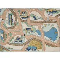 Rugsx REBEL ROADS Playtime 32 Liten stad, halkfri för barn - beige / grön 95x200 cm