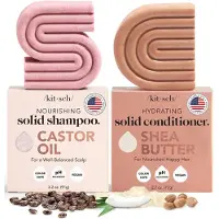 Kitsch Castor Oil Shampoo Bar & Shea Butter Conditioner Bar fr hrvxt och terfuktning | Vegan & All Natural Solid Bar | terfuktande och fuktg