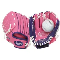 Rawlings | PLAYERS Series T-Boll & Ungdomsbaseboll Handske | Vänsterhand | 9" | Rosa/Lila med Boll