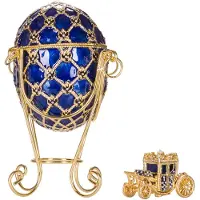 Danila-Souvenirs Faberge stil Kejserligt kröningsägg Smyckeskrin med vagn 19 cm blå