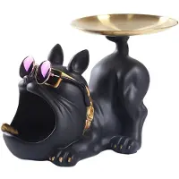 Tlily Harts Cool Bulldog Crafts Dog Butler med Bricka för Nycklar HåLlare FöRvaring Smycken Djurrum Heminredning Staty, Svart
