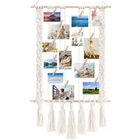 Semoic Hängande Fotoskärm med 30 Träklämmor Macrame Vägghängande Bildhållare Collage Bildram för Boho-Dekor