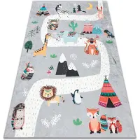 Rugsx BAMBINO 2160 tvättbar matta Streets, indisk by, djur för barn, halkfri - grå 120x170 cm