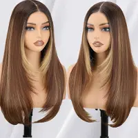 Nostalgia Honey Blond Highlight Rak spets Front Peruk Pre Cut Glueless Syntetisk Layered Peruk 24 tum Mellandel Stngning Peruk Fr kvinnor Uppgr
