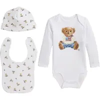 Ralph Lauren Gåvoset - Dregglisar/Mössa/Body l/ä - Vit/Blå - - 68 - Body L/Ä