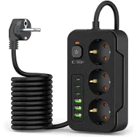 Tech-Protect Grenuttag med 3x 240V Strömutag + 3xUSB-A + 3xUSB-C - Svart