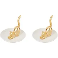 Semoic 2X Katters HåLlningsringhåLlare Golden Kitty Tail Dish Smyckesbricka Ring Runda Fat Prydnadsfat Keramiska Smycken FöRvaring Hem