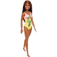 Barbie Docka, Brunett, i Rosa och Gul Blommig Baddräkt, för Barn 3 till 7 År