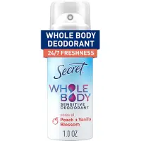Secret Hela Kropp Deodorant Spray för Kvinna, Resestorlek, Persika & Vaniljblomma, Aluminiumfri, 72 HR Skydd