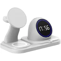 Mtp Products 6-i-1 trådlös laddare på 15W med digital klocka för iPhone, Apple Watch och AirPods - Vit