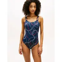 Tommy Hilfiger för kvinnor. UW0UW06481 Marinblå baddräkt med lågt skuren rygg och ringar (M), Strandkläder, Nylon, Marino