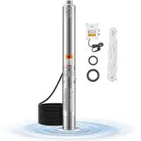 Vevor djupbrunnspump, dränkbar pump, 1100 W ingångseffekt, 230 V, 65 L/min flöde, 85 m (279 ft) tryckhöjd, med 20 m (65,62 ft) sladd, extern kontrollbox, vattenpump i rostfritt stål, för industriell b