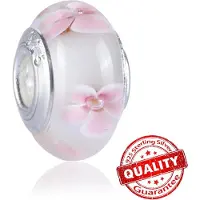 FOXANRY Jewelry Härlig S925 Sterlingsilver Rosa Blomma Muranoglas Pärlor Charm Passar Armband Halsband Fasetterad Murano DIY Kvinnosmycken