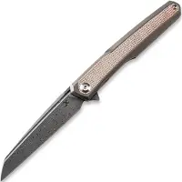 Kansept Knives Arcus Framelock Damascus fällkniv, Bronze Ti/Brown Micarta