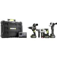 WORX WU928 Borrhammare batteri, Batteridriven vinkelslip, Slagborrmaskin batteri 20 V 5 Ah Li-Ion inkl. 2x batterier, inkl. laddare, Inkl. förvaringslåda