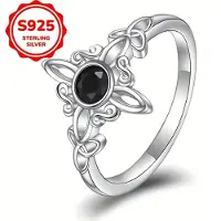 Bamos S925 Sterling Silver Utsökt Keltisk Knut Svart Zirkonring för Damer Personlig Ring Party Banketter Smycken Gåvor 10 svart/silver
