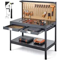 Vevor Arbetsbänk i lövträ, 110 kg viktkapacitet, 1200 mm kraftig arbetsbänk med hålskiva, 4 nätuttag och 2 USB-portar, 1,5 m kabel och 30 krokar, arbetsbänk i garage med låda för verkstad