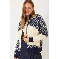 Bianco Geometrisk Mönster Dragkedja Krage Cardigan