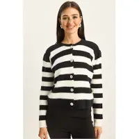 Bianco Knäppt Randigt Stickat Cardigan