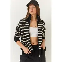 Bianco Randig zip-up stickad cardigan med fickor