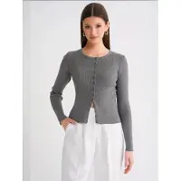 MixRay Knappad Slim Fit Ribbad Stickad Cardigan