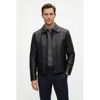 BOSS Regular-fit leather shirt with metal logo buttons