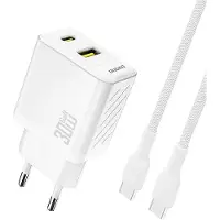 Dudao GaN Väggladdare PD 30W med USB och USB-C + USB-C-Kabel - Vit