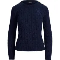Ralph Lauren för kvinnor. 200P14039002 Kabelstickad tröja med marinblå knappar (XS), Casual, Bomull, Lång ärm, Marino