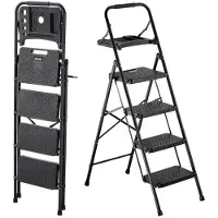 Vevor Stege med 4 steg, Hopfällbar pall med bred halkfri pedal, Verktygsbricka, Komforthandtag, Bärbar stålstege med kapacitet 272 kg, Multifunktionell för kök, Hem, Hushåll och Kontor, Svart