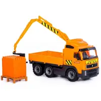 Polesie Volvo PowerTruck truck with crane arm + Construction set SuperMix-30 on pallet (tray), Lastbil, Volvo, Plast, Orange, Svart