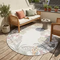 FRAAI Rund utomhusmatta med blommor | Poppy gräddvit | Ø 80 cm | Polyester | Blommig | Rund | Plattvävd